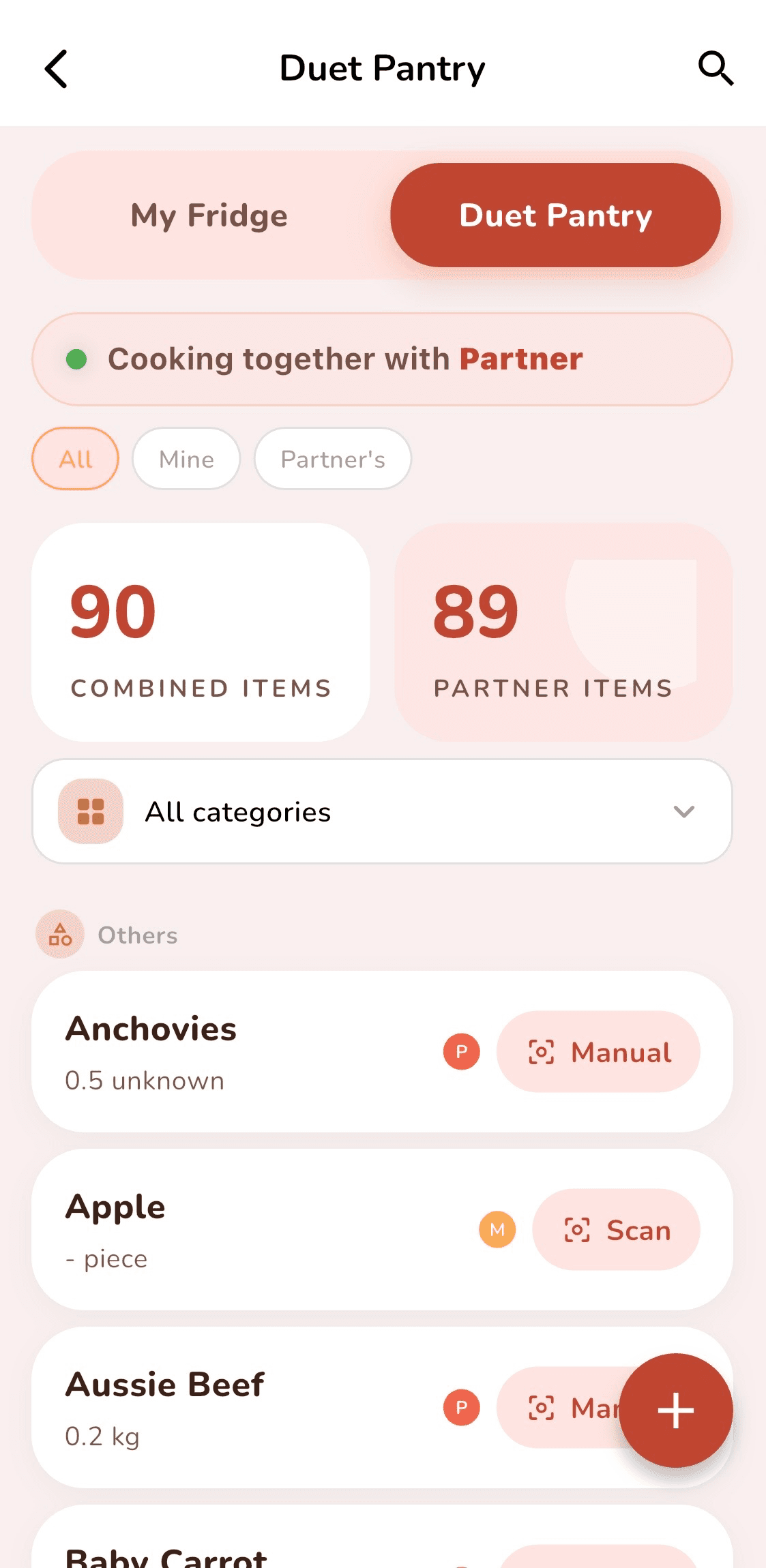 DuetDish pantry app screen