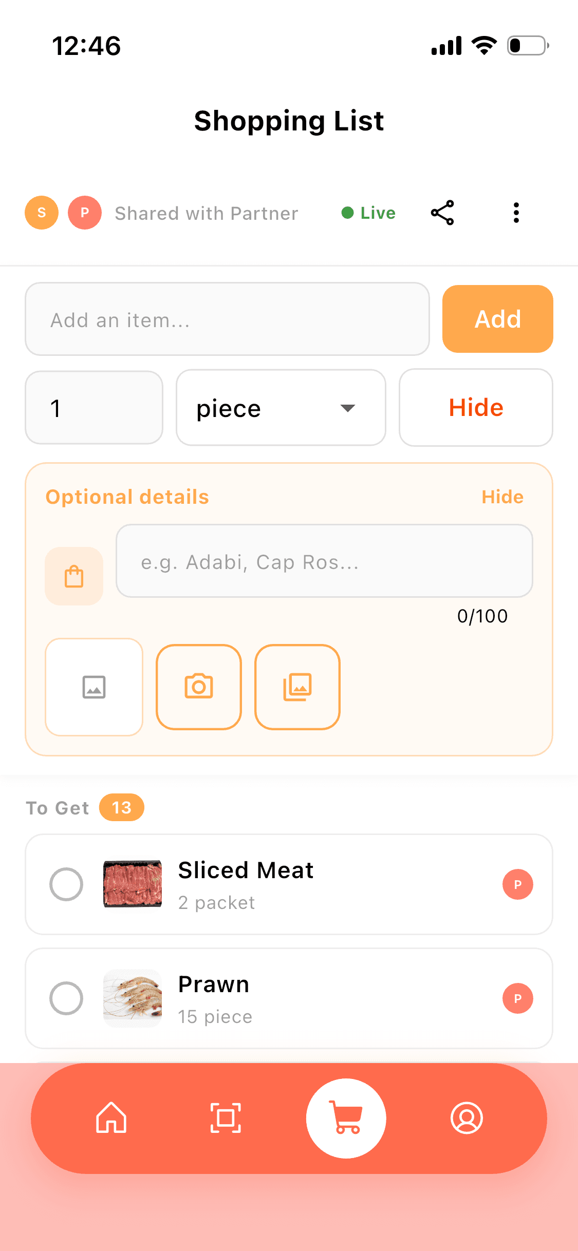 DuetDish shared grocery list screen